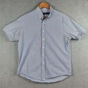 Ralph Lauren Seersucker Shirt Mens L Blue White Striped Short Sleeve Pink Pony